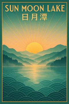 Sun Moon Lake Vintage Poster - Sonnenaufgang Landschaft & Berg Reflexion