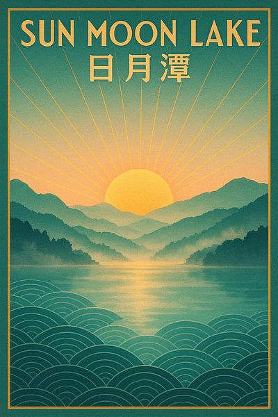 Sun Moon Lake Vintage Poster – Sunrise Landscape &amp; Mountain Reflection by Travel Shop