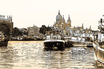 Pen drawing Oosterdok Amsterdam Netherlands Line drawing Sepia