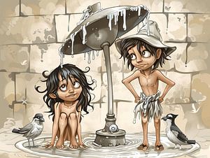 Planschvergnügen: Verspielte Illustrationen von Kindern an einem Brunnen
