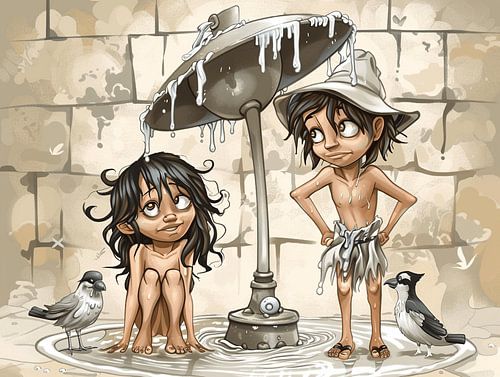 Splashing Fun: Playful Illustrations of Children at a Fountain