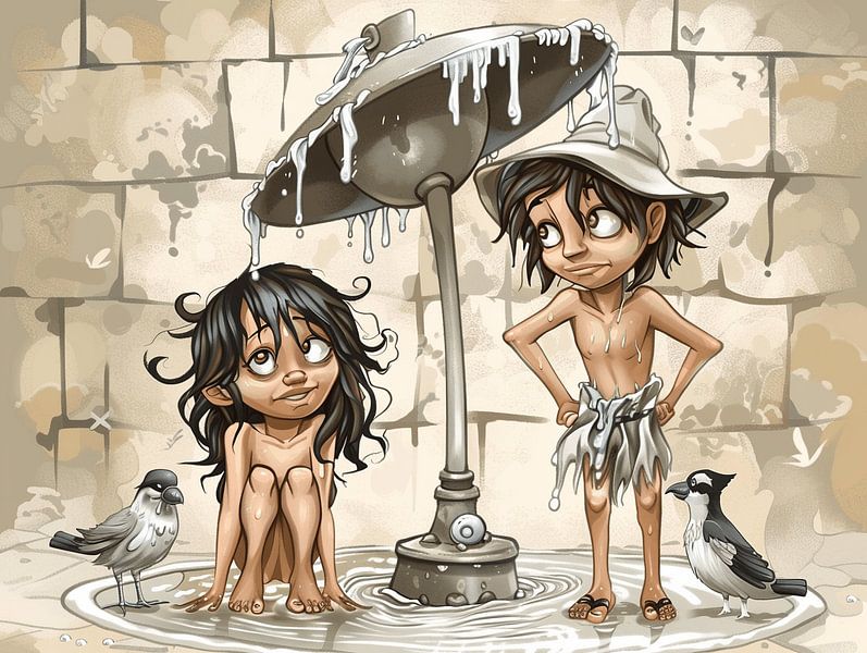 Splashing Fun: Playful Illustrations of Children at a Fountain by Karina Brouwer