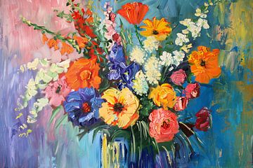 Impressionistisch schilderij van kleurrijke bloemen in vaas van Art & Soul Creations