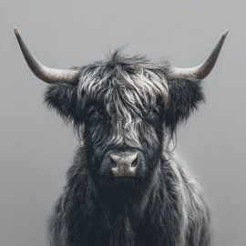 Schottischer Highlander in Graustufen mit grafischer Perfektion von Eva Lee