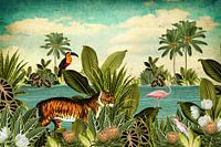 Jungle with toucan, flamingo and tiger