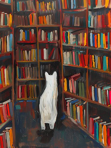 White cat in the library - looking for another book by Littlewhitecat