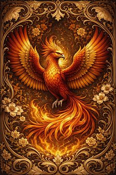 Majestic Golden Phoenix Mythical Bird Wall Art - Ornate Baroque Floral Illustration