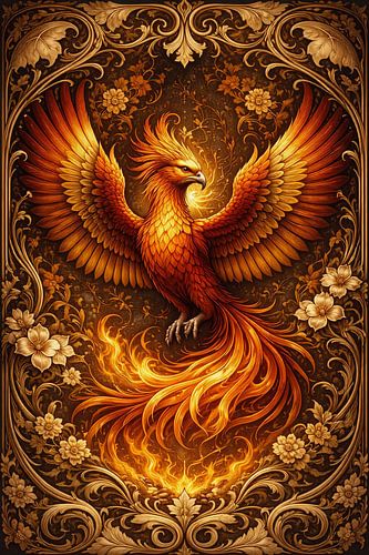 Majestic Golden Phoenix Mythical Bird Wall Art - Ornate Baroque Floral Illustration
