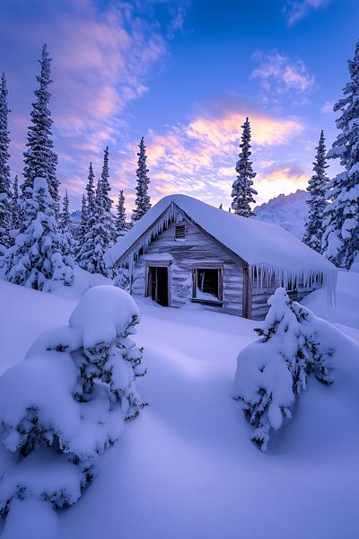 Abandoned hut in snowy mountains by Art & Soul Creations