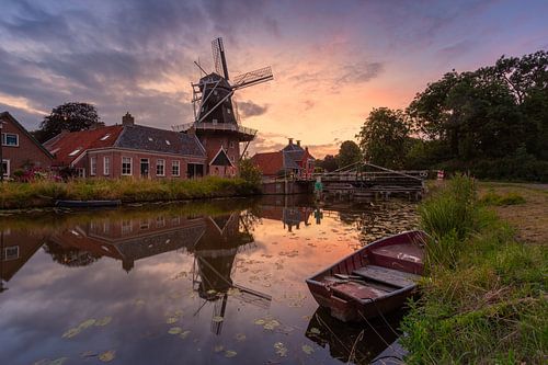 Summer evening in Onderdendam - Mill, Boat and Reflection