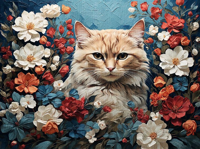 Katze mit Blumen von Jan Bouma
