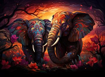 kleurrijke schilderachtige weergave van twee olifanten op de savanne bij avondlicht van Margriet Hulsker