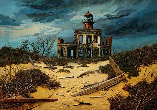 een oude afbrokkelende vuurtoren in de duinen