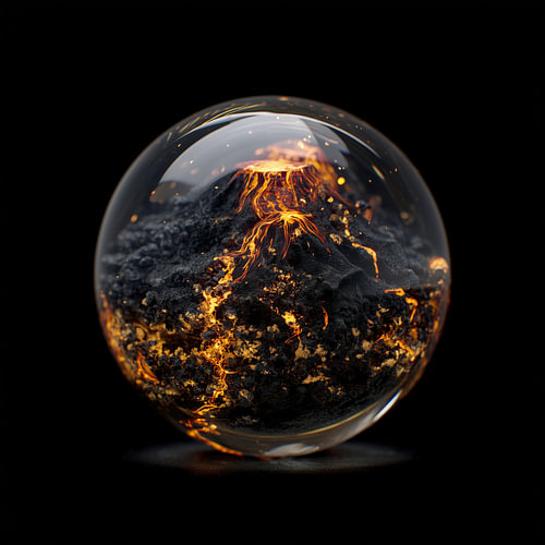 Vulkan mit glühender Lava in einer Glaskugel