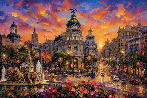 Madrid in de avond schilderij – De prachtige hoofdstad in Spanje.