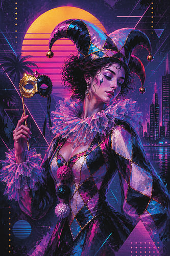 An elegant harlequin in a cyber neon style.