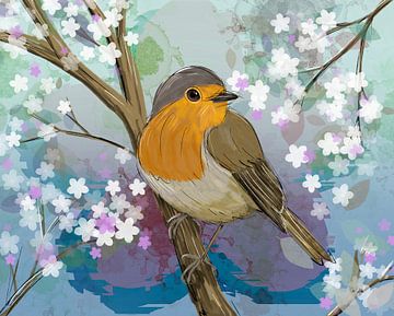 Robin in a blossom tree by Bianca Wisseloo