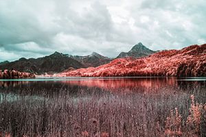 Infrarotlandschaft mit See und Alpen im Hintergrund