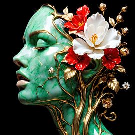 Ein Gesicht aus grüner Jade. Hibiskus-Blüten von AidasignArt