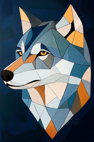 Portrait de loup géométrique dans les tons bleus par Poster Art Shop
