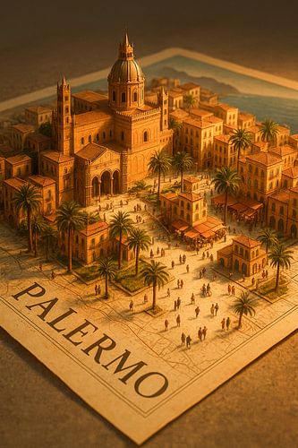 Palermo Kathedraal & Palmbomen 3D Kaart - Siciliaanse Muur Kunst