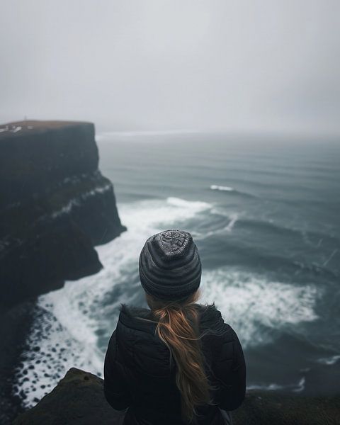 Junge Frau schaut über die Küstenlandschaft von fernlichtsicht