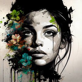 Black & White woman with coloured flowers