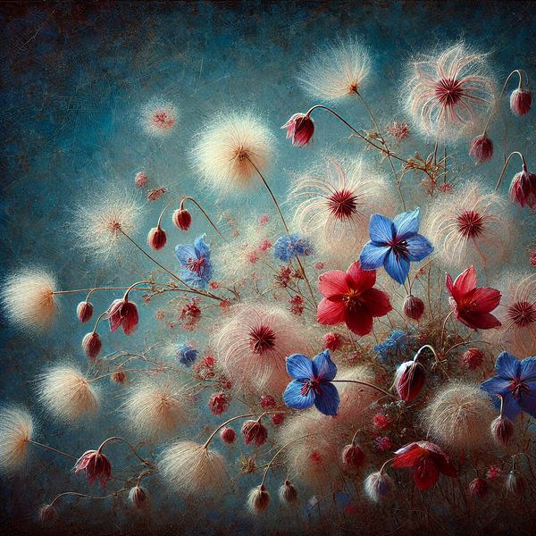 Bunter Eindruck von Blumen auf dunkelblauem Hintergrund. von Lieke van den Oord