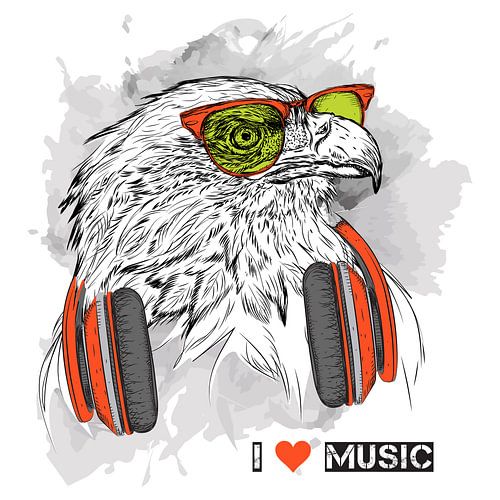 Cooler Adler, der eine Brille und Kopfhörer trägt