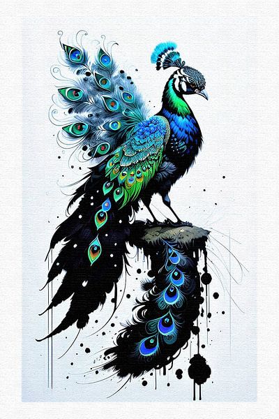 Malspritzer Pfau in Schwarz und Farbe von Maud De Vries
