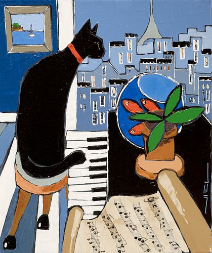 Zwarte kat met oude piano en partituur, met goudvis van Matisse, in Parijs... van ATELIER DE JIEL
