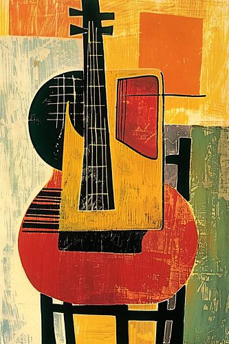 Kubistische Gitaar op een Rode Stoel