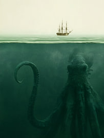 Der Mythos des Kraken – Riesentintenfisch in der Tiefsee unter einem historischen Segelschiff von Danny van Eldik