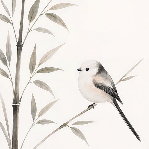 Minimalistisch Japans klein vogeltje op bamboetak (AI) (Japandi, sereen, zachte kleuren, sereen, rustig, schilderij, zen)