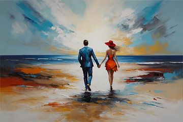 Promenade romantique sur la plage avec un couple coloré sur De Muurdecoratie