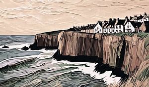Engelse kust met kliffen, huizen en zee- retro bruin van Anna Marie de Klerk