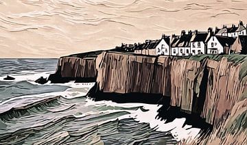 Englische Küste mit Klippen, Häusern und Meer - retro braun von Anna Marie de Klerk