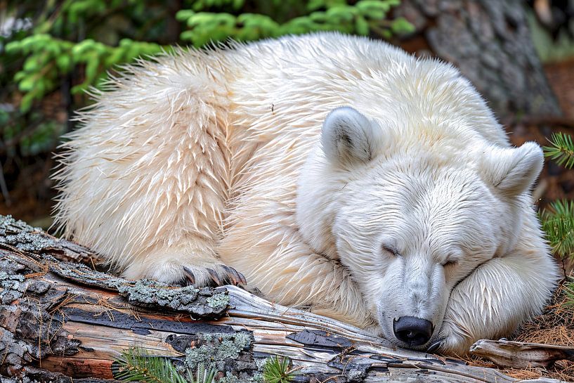 Sleeping bear on tree trunk in nature by Imperial Art House