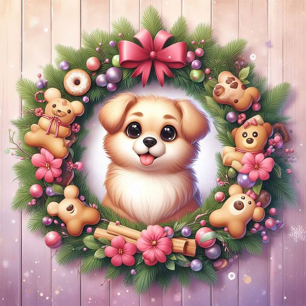 Cute dog in a Christmas wreath frame by Laly Laura