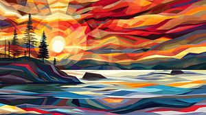 Paysage abstrait, coucher de soleil, côte et arbres
