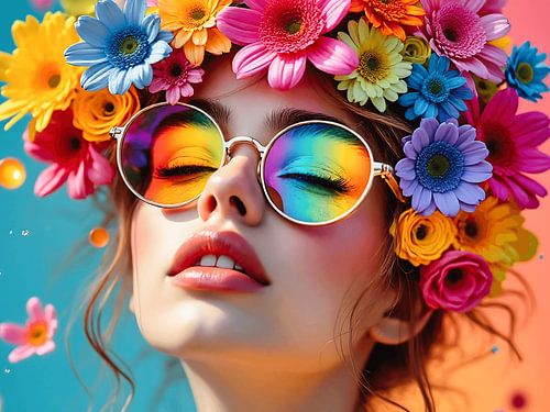 Portrait of a woman with flowers with lots of colour