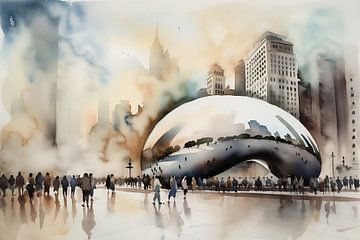 Aquarelles Paysage Chicago Cloud Gate sur Uncoloredx12