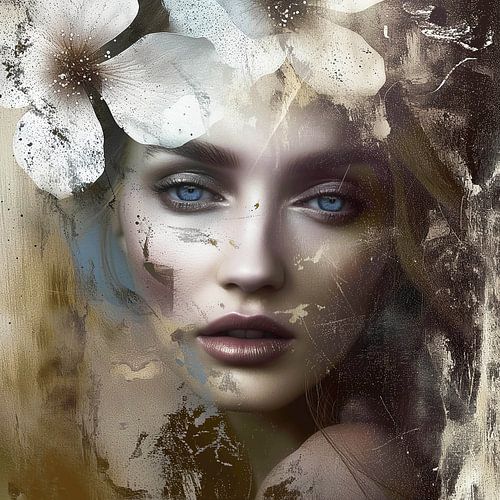 Femme portrait : La profondeur des yeux bleus en harmonie abstraite