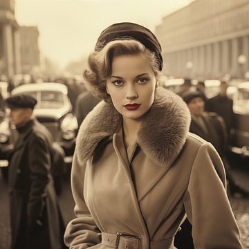 Woman walking on the street wearing a fur coat and hat, monochrome photo by Animaflora PicsStock