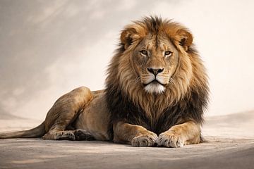 Repos royal – lion couché dans la douce lumière du désert