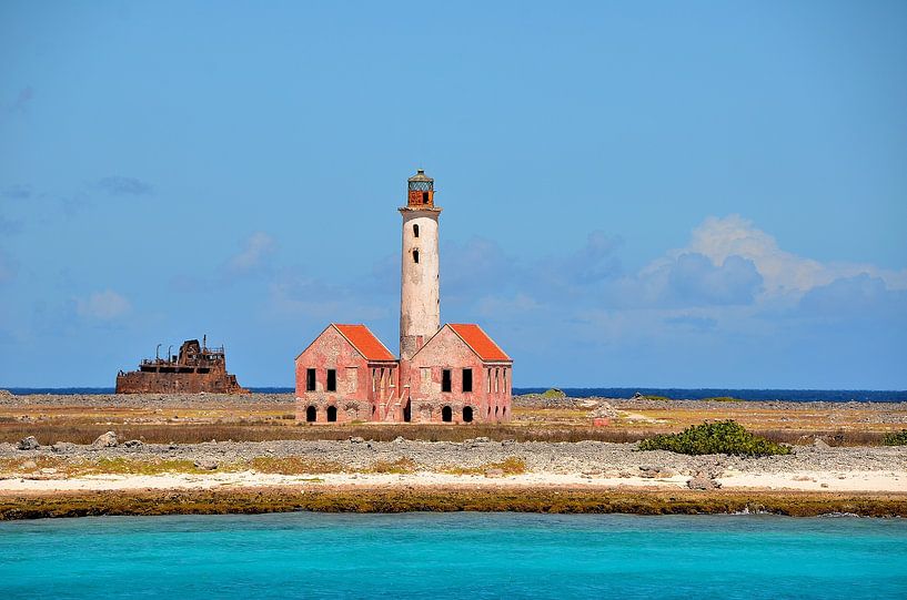 Pink lighthouse and shipwreck on Klein Curaçao by Karel Frielink