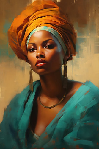 Afrikanische Frau mit orangefarbenem Turban in Türkis
