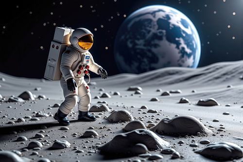 Astronaut verkent buitenaards planeetoppervlak met aarde op de achtergrond