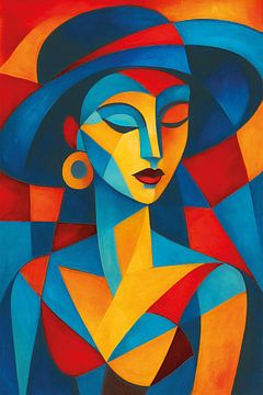 Peinture cubiste représentant une femme avec un chapeau. sur Galerie Hoppenbrouwers