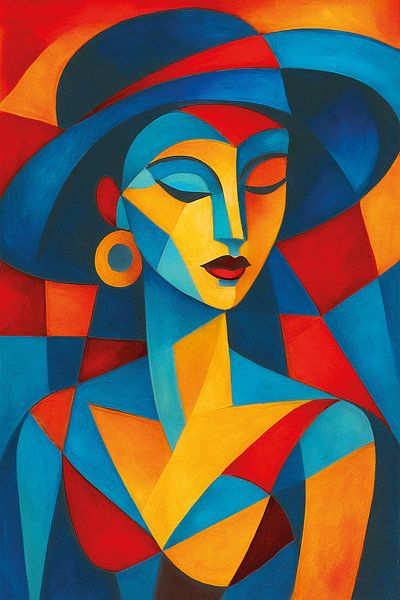 Peinture cubiste représentant une femme avec un chapeau. par Galerie Hoppenbrouwers